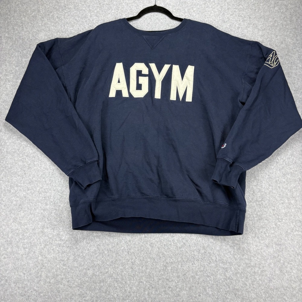 Champion Sweatshirt Mens XL Navy Blue AGYM Graphic Crewneck Sporty Retro Y2K